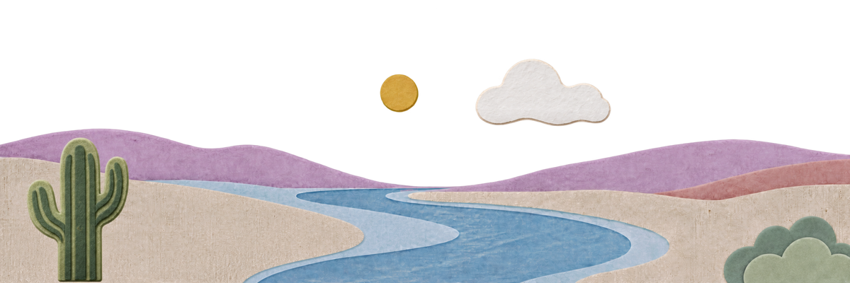 A textured landscape with coiled trees, bluebonnets, a cactus, a cloud, and a winding blue river