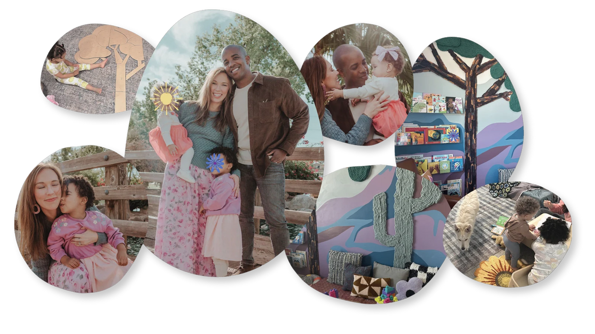 Family photo collage showing Meg, Kyle, their children, and handmade tree and cactus art in their playful home.